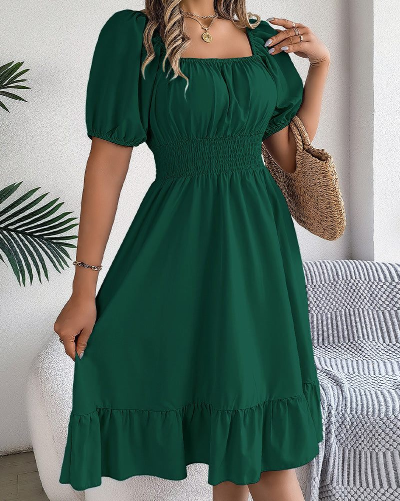 Square Neck Cinched Waist Ruffle A-Line Dress