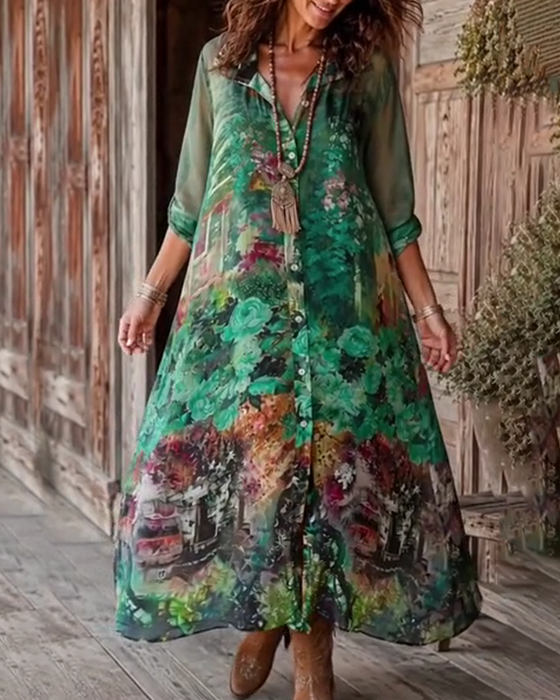 Shirt Collar Slit Floral Dress