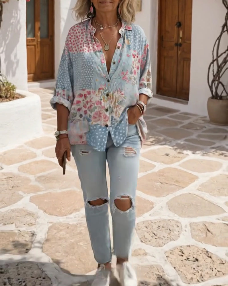 Ditsy Print Stand-Collar Shirt