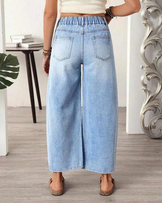 Denim Elastic Waist Wide-Leg Cropped Jeans