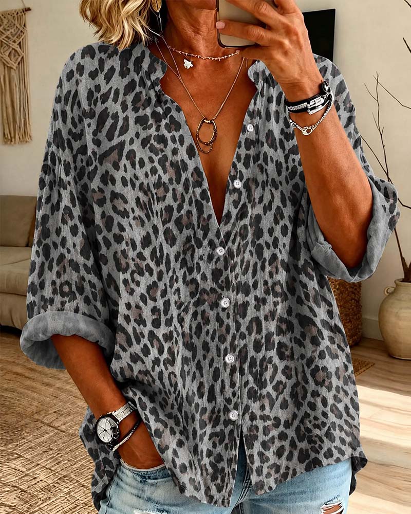 V-Neck Button Leopard Long Sleeve Shirt