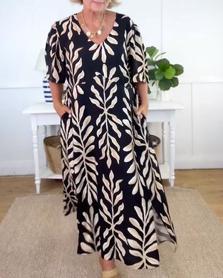 V-Neck Loose Short Sleeve Printed Dress