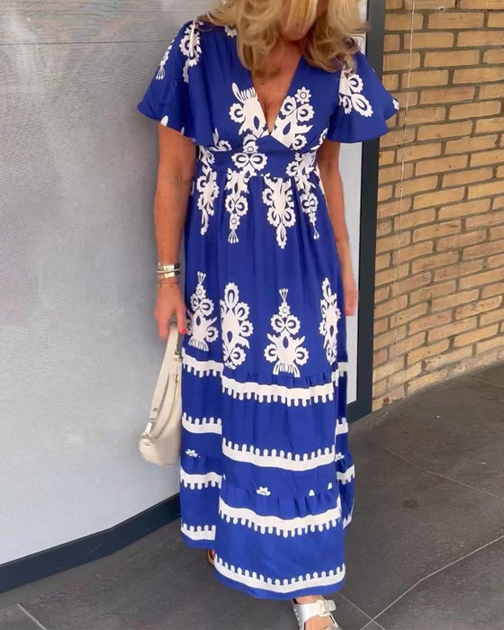 Vintage print v-neck elegant long dress