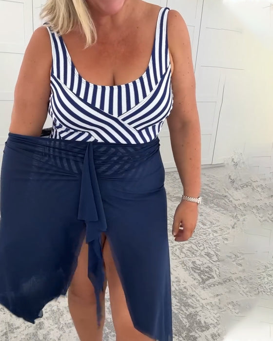 U-Neck Striped One-Piece Swimwear Set