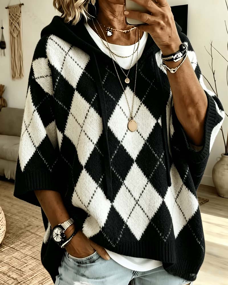 Plaid Hooded Three-Quarter Sleeve Pullover