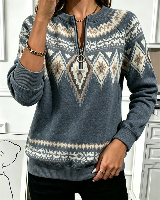 Zipper Printed Long Sleeve Sweatshirt