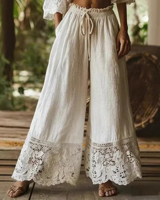 Elastic Waist Drawstring Lace Patchwork Wide Leg Pants
