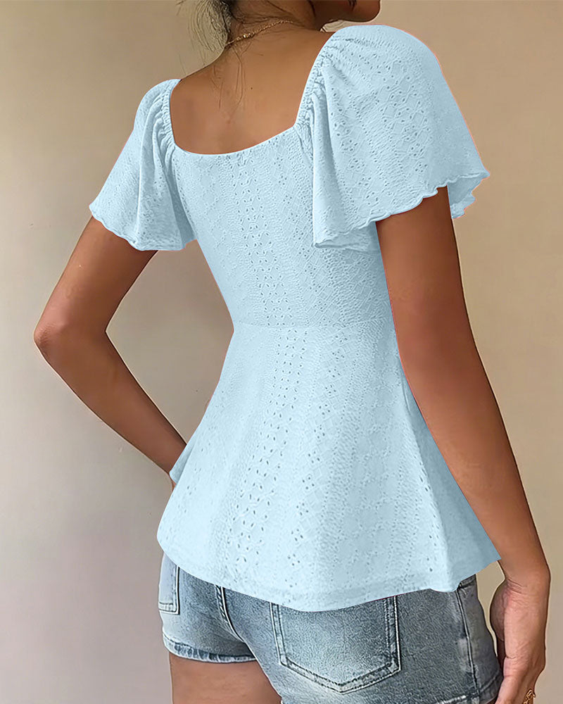 Hollow-Out Drawstring Short Sleeve Solid Color Blouse