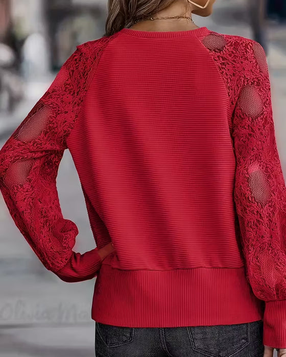 V-Neck Lace Casual Long-Sleeved Blouse