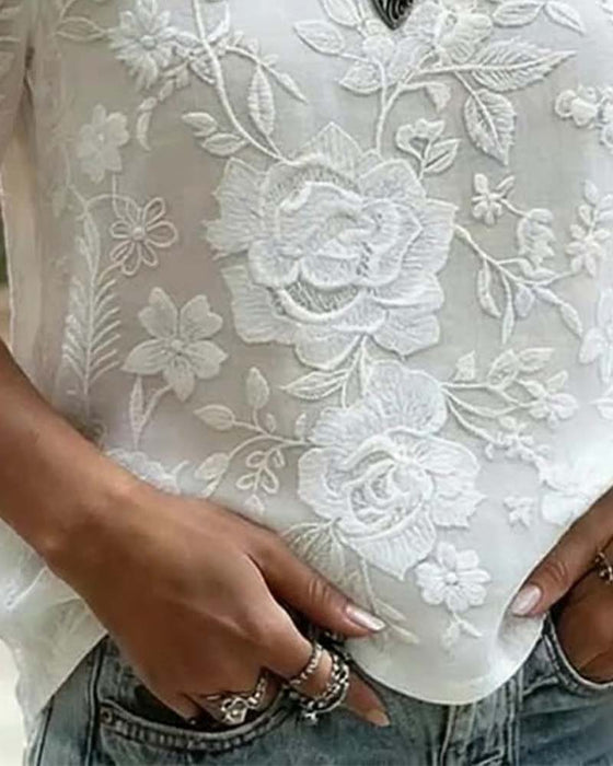 Crew Neck Embroidered Lace Patchwork Blouse