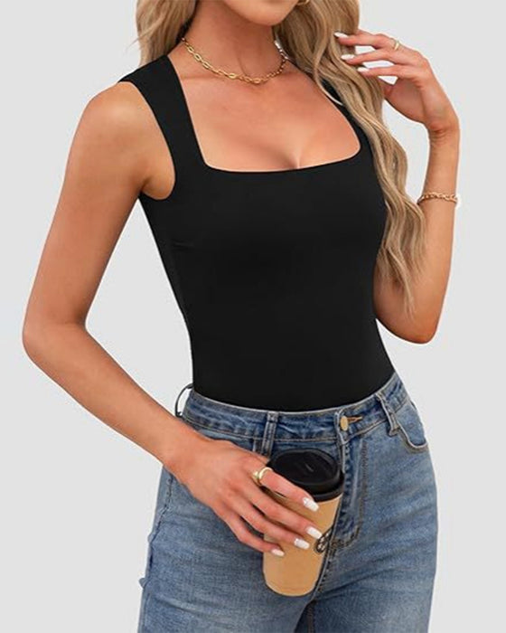 Square Neck Ribbed Solid Tank Top