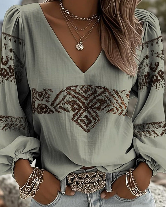 Bohemian V-Neck Puff Sleeve Top