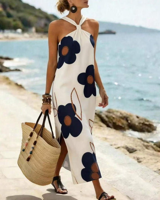 Cross Halter Floral Slit Maxi Dress