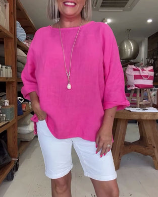 Pure Color Crew Neck Cotton Linen Top