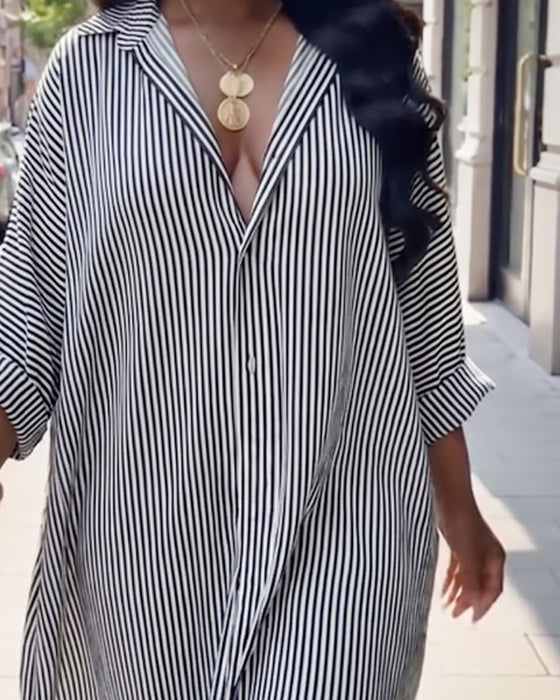 Long Sleeve Lapel Loose Striped Shirt Dress