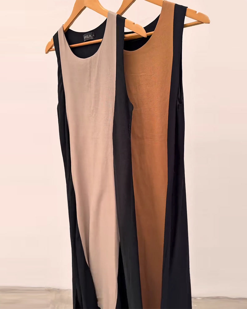 Sleeveless Color-Blocked Slit Dress