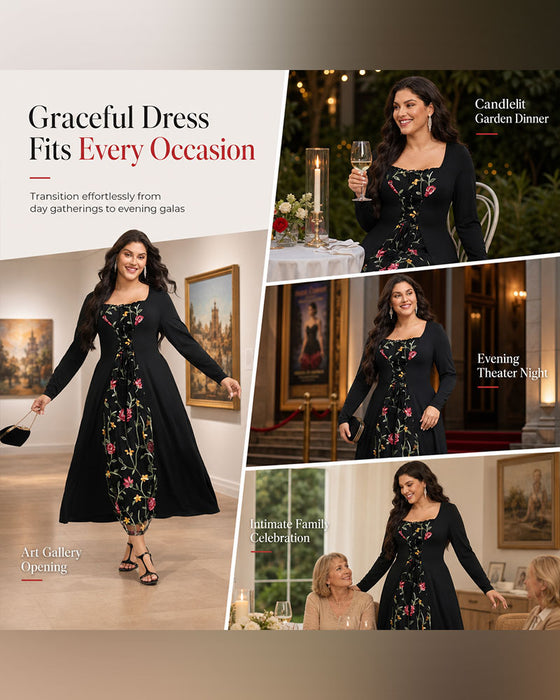 Square Neck Rose Spliced Maxi Dress