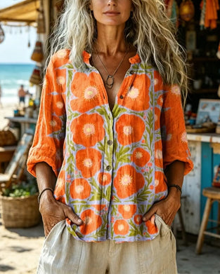 Stand Collar Button-Up Vintage Floral Shirt