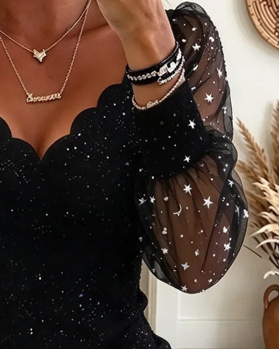 Mesh Puff Sleeve Patchwork Top