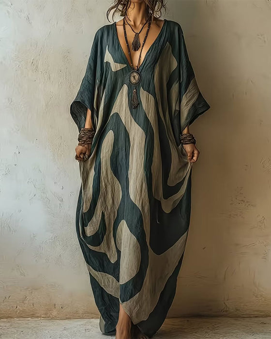 Deep V Abstract Wave Print Dress