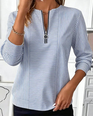 Striped Patchwork Zip Up Blouse