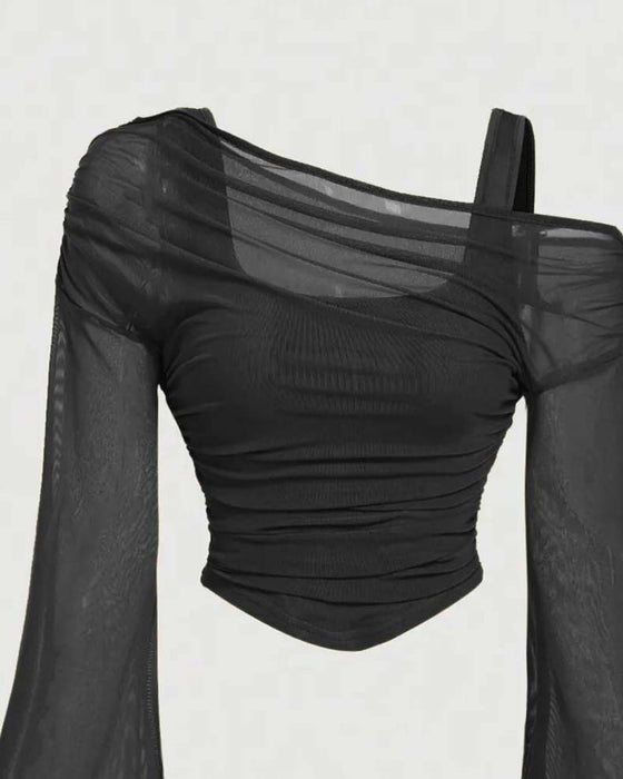 Mesh Ruffled Long Sleeve Cami Blouse