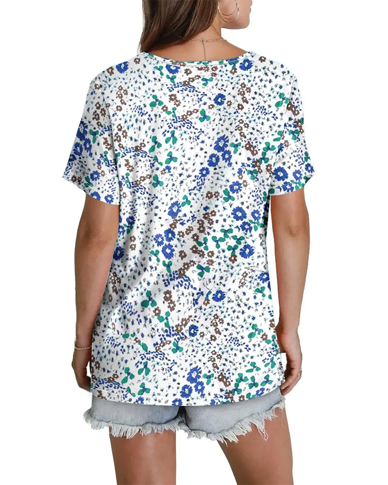 Floral V-Neck Short-Sleeved Blouse