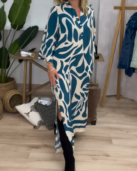 Lapel side slit printed dress