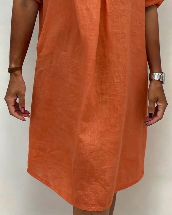 100% Cotton V-Neck Pleated Dress