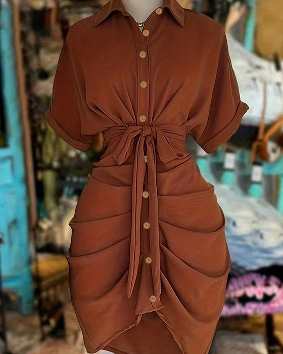 Tie Button Pleated Shirt Collar Dress