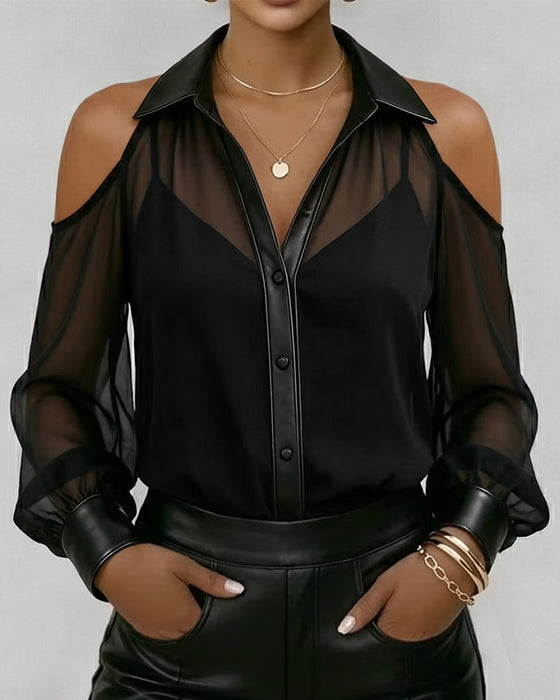 Lapel Button-Down Cold Shoulder Tulle Top