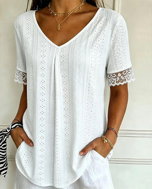 V-Neck Hollow Lace Splicing Blouse