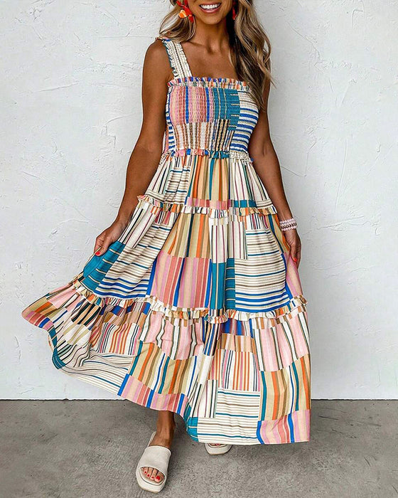 Strappy Striped Color Block Tiered Dress