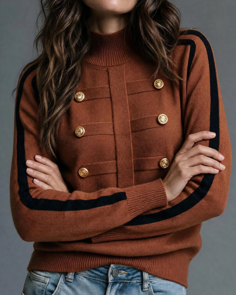 Turtleneck Metal Button Color Block Pullover
