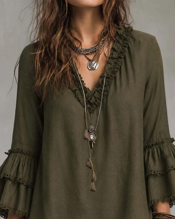 V-Neck Two-Tier Sleeve Ruffle Blouse