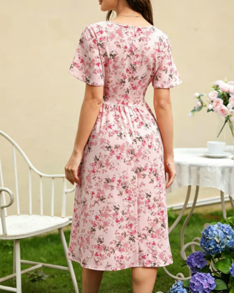 V-Neck Floral A-Line Dress