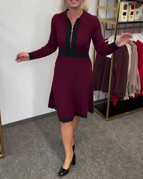 Half-Zip Collared Color-Block Dress