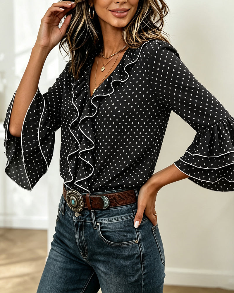 Polka Dot V-Neck Ruffle Flared Sleeve Top