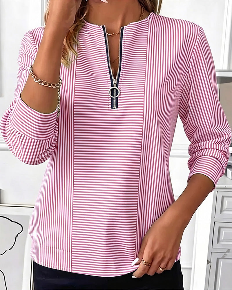 Striped Patchwork Zip Up Blouse