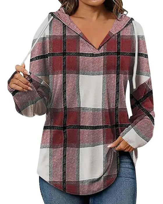 Plaid Hooded Drawstring Blouse