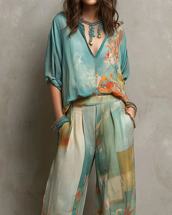V-Neck Floral Blouse + Straight-Leg Pants Set