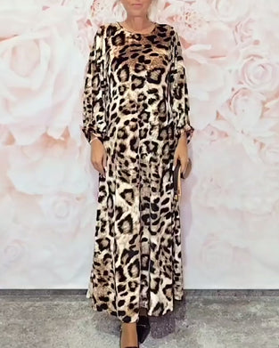 Round Neck Long Sleeve Leopard Dress