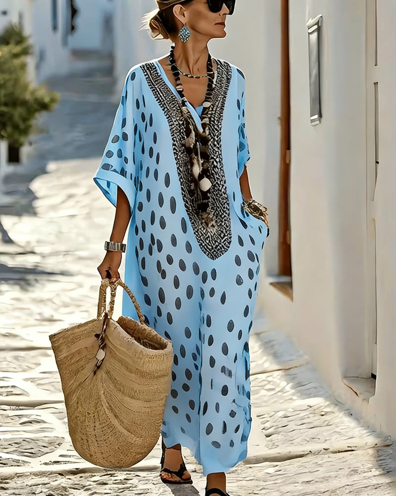 V-Neck Polka-Dot Resort Print Dress