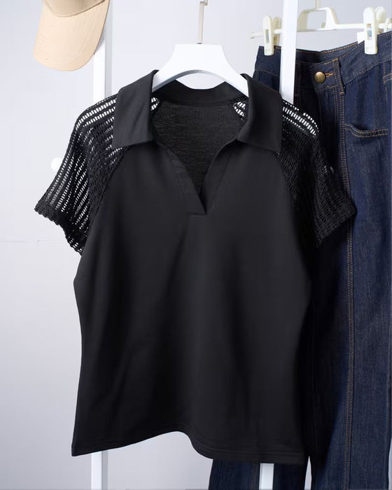 Solid Color Lapel Hollow Out Blouse