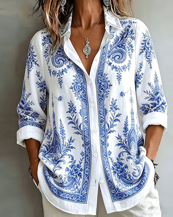 Blue Porcelain Print Lapel Shirt