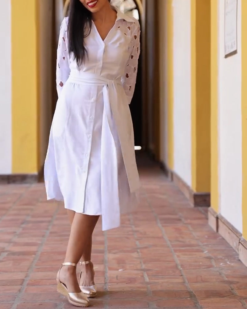 Elegant Hollow-Out Shirt Dress