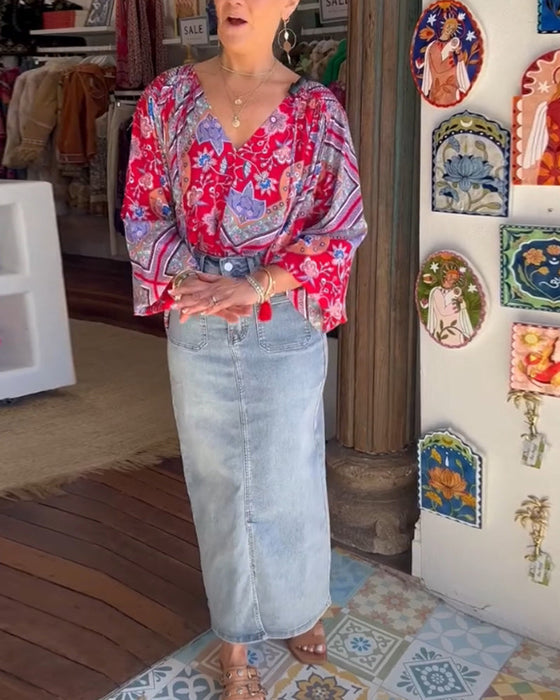 V-Neck Printed Long Sleeve Blouse