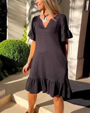 V-Neck Short Flutter Sleeve A-Line Dress