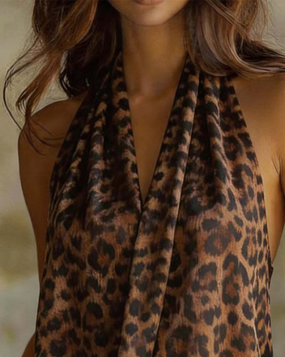 Bluse V-Hals Halter Leopard Ermeløs
