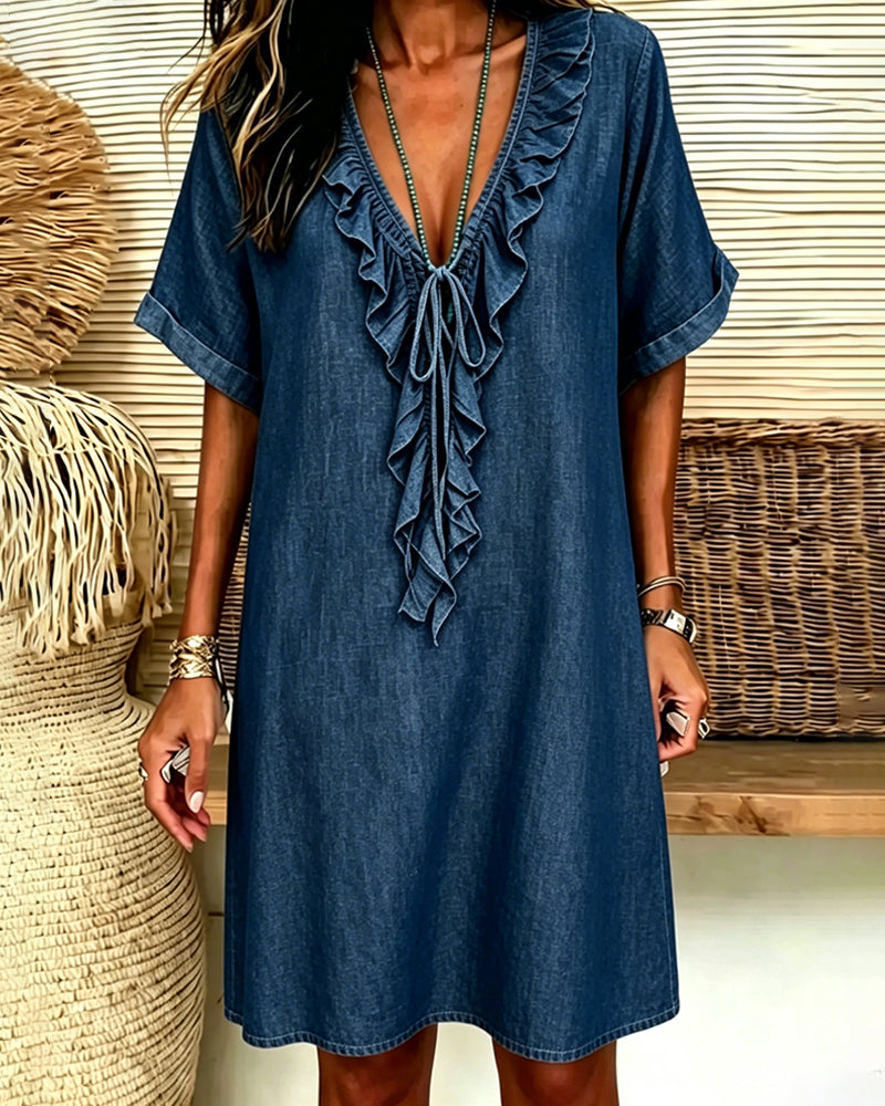 V-Neck Denim Ruffle Dress